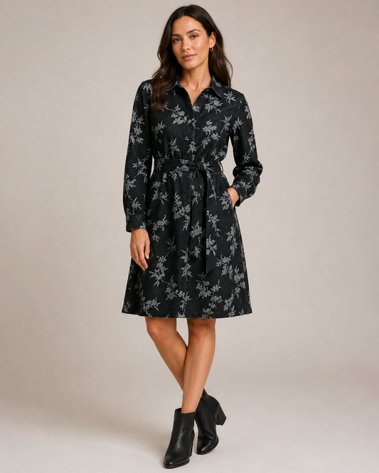 Jacquard-Jeansstoff mit Blumen – Schwarz