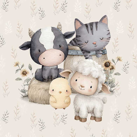 Attēls ar Cilpiņtrikotāžas panelis - jautrā fermas draugu kompānija 250 g/m² | Dizains - 02 – pieejams Šarlotes audumi