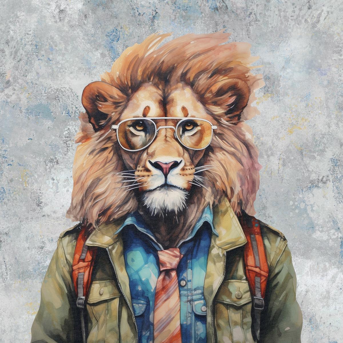 Image du panneau en tricot bouclé - lion royal avec lunettes stylées 250 g/m² | Design - 01 – disponible chez Šarlotes audumi