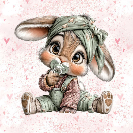 Bild mit Schlaufenstrick-Panel – kleiner Hase mit Schnuller, Design 19 – online erhältlich bei Šarlotes audumi