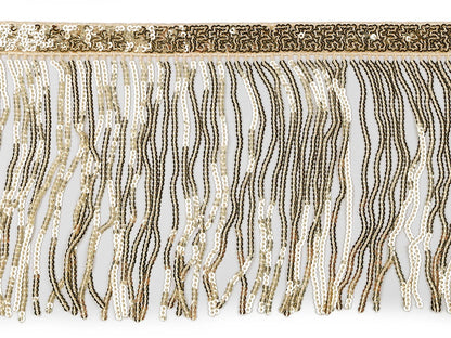 Image of decorative ribbon with sequin fringe – 15 cm wide - gold – available at Charlotte’s Fabrics