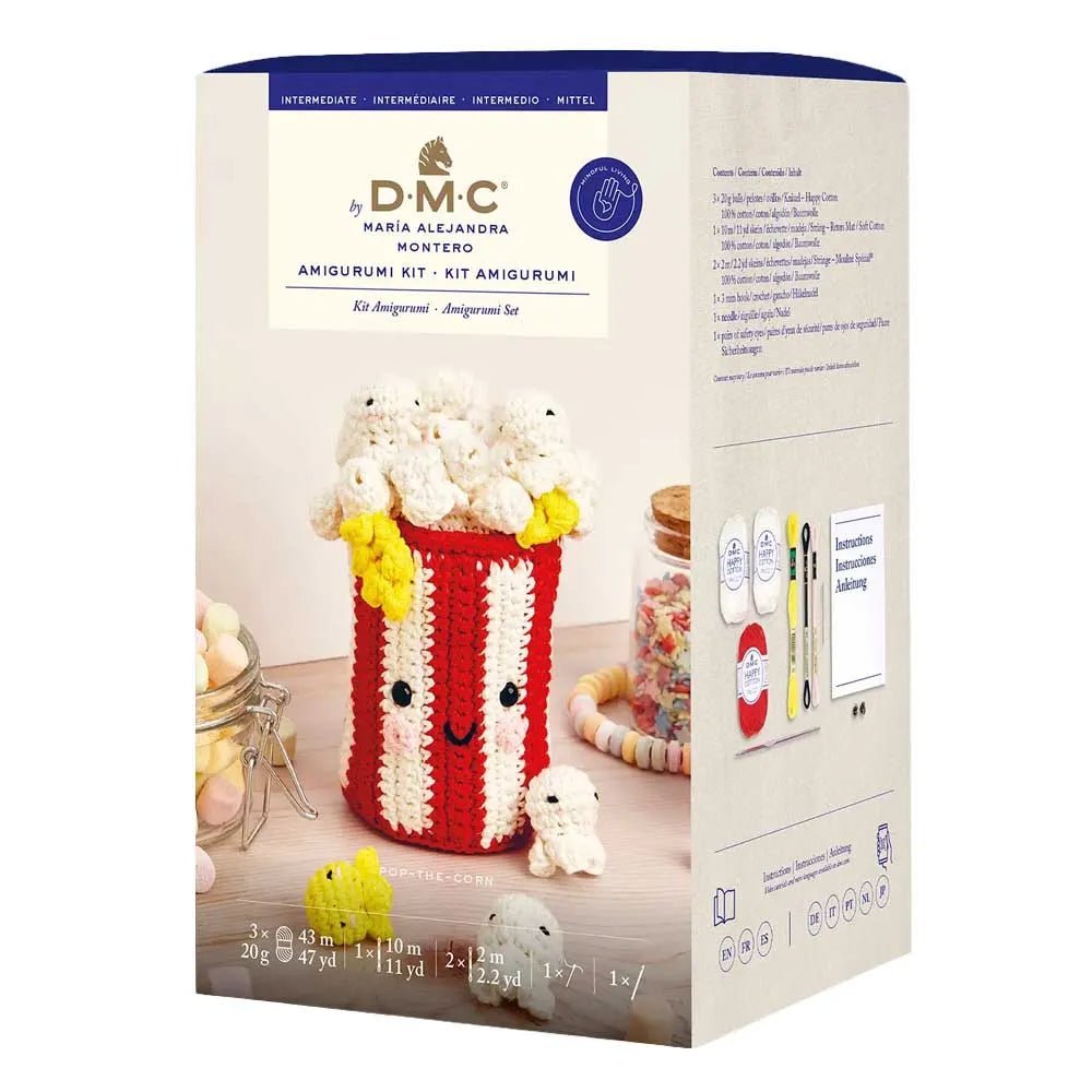 Image du kit amigurumi DMC « Pop-The-Corn » – boîte de pop-corn – disponible chez Šarlotes audumi