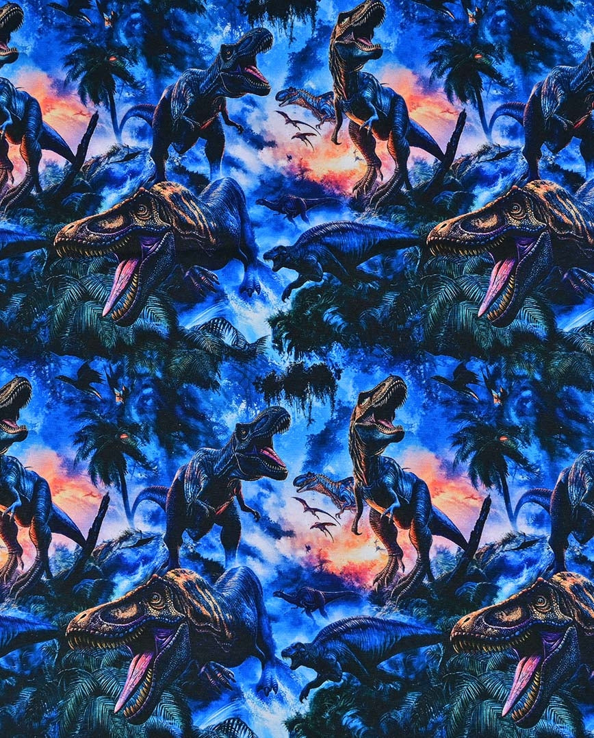 Baumwolljersey, Dinosaurier auf Dunkelblau