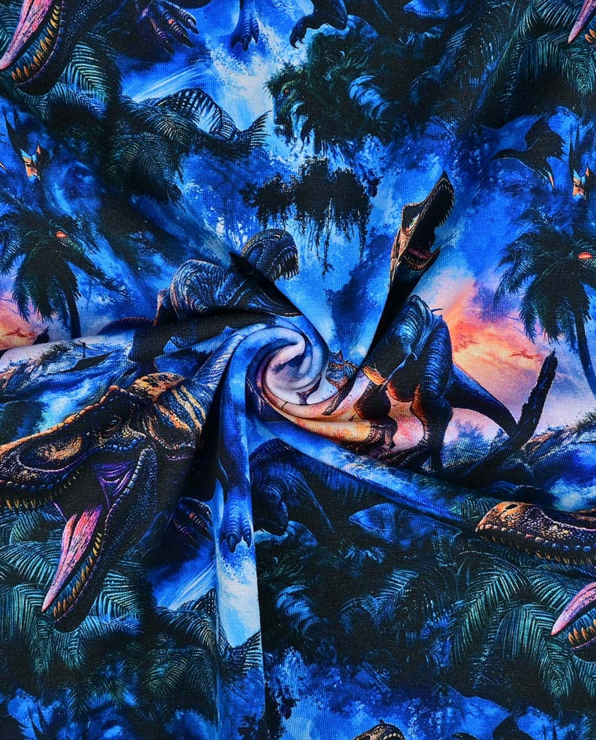 Baumwolljersey, Dinosaurier auf Dunkelblau