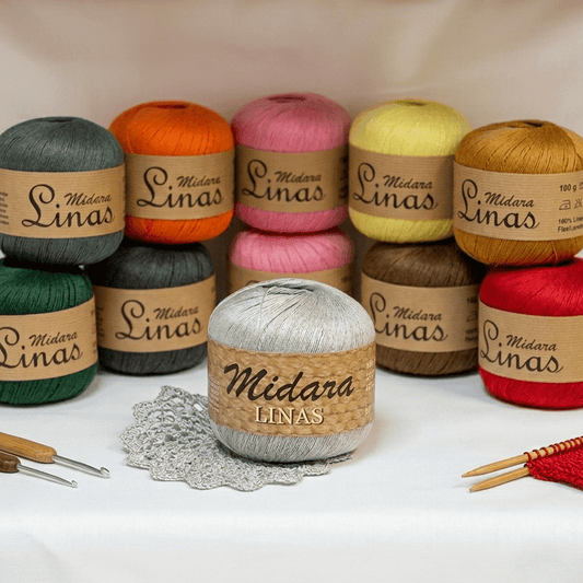 Image de fils de lin Midara Linas – 100 g/ 600 m – disponible chez Šarlotes audumi