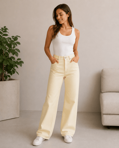 Image de tissu denim avec élasthanne - jaune 225 g/m² – disponible chez Šarlotes audumi