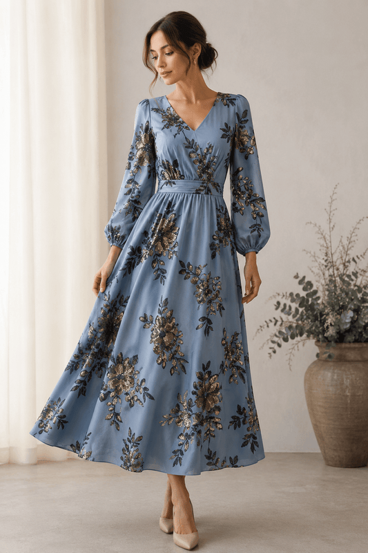 Image of elastic satin fabric with floral embroidery and sequins in blue, black and gold – available online at Charlotte's Fabrics