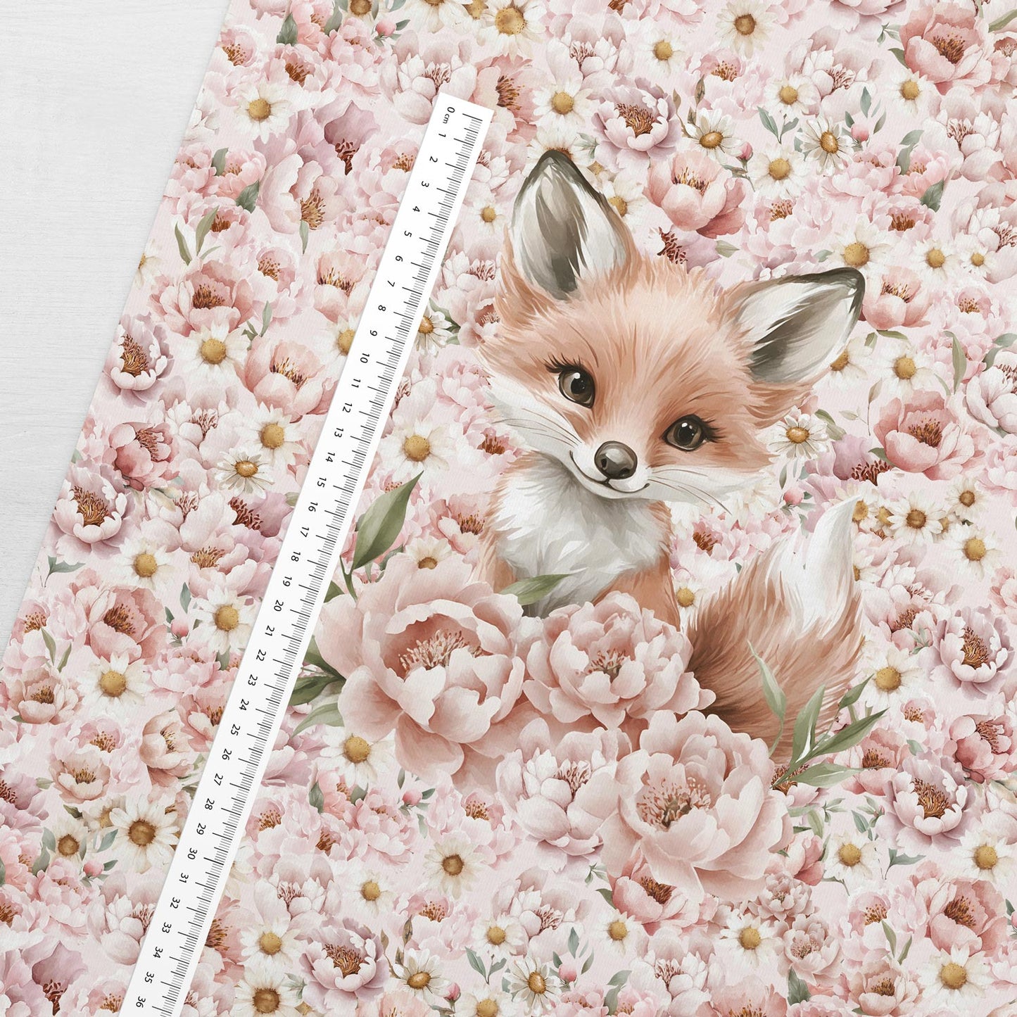 Cyclic knit panel 40x50 cm - fox in daisies and peonies 250 g/m²
