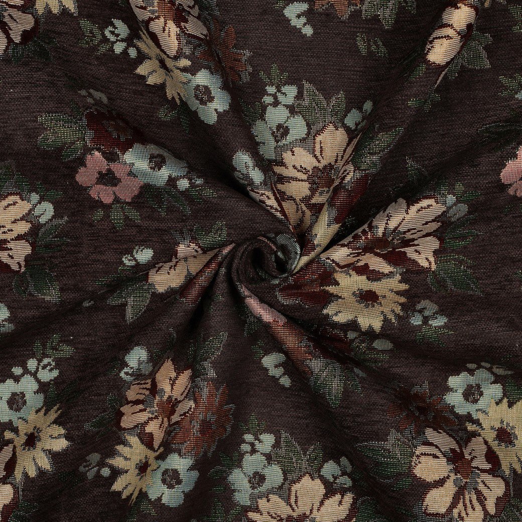 Bild mit Gobelin-Blumen mit goldenen Akzenten auf braunem Hintergrund – online erhältlich bei Šarlotes audumi