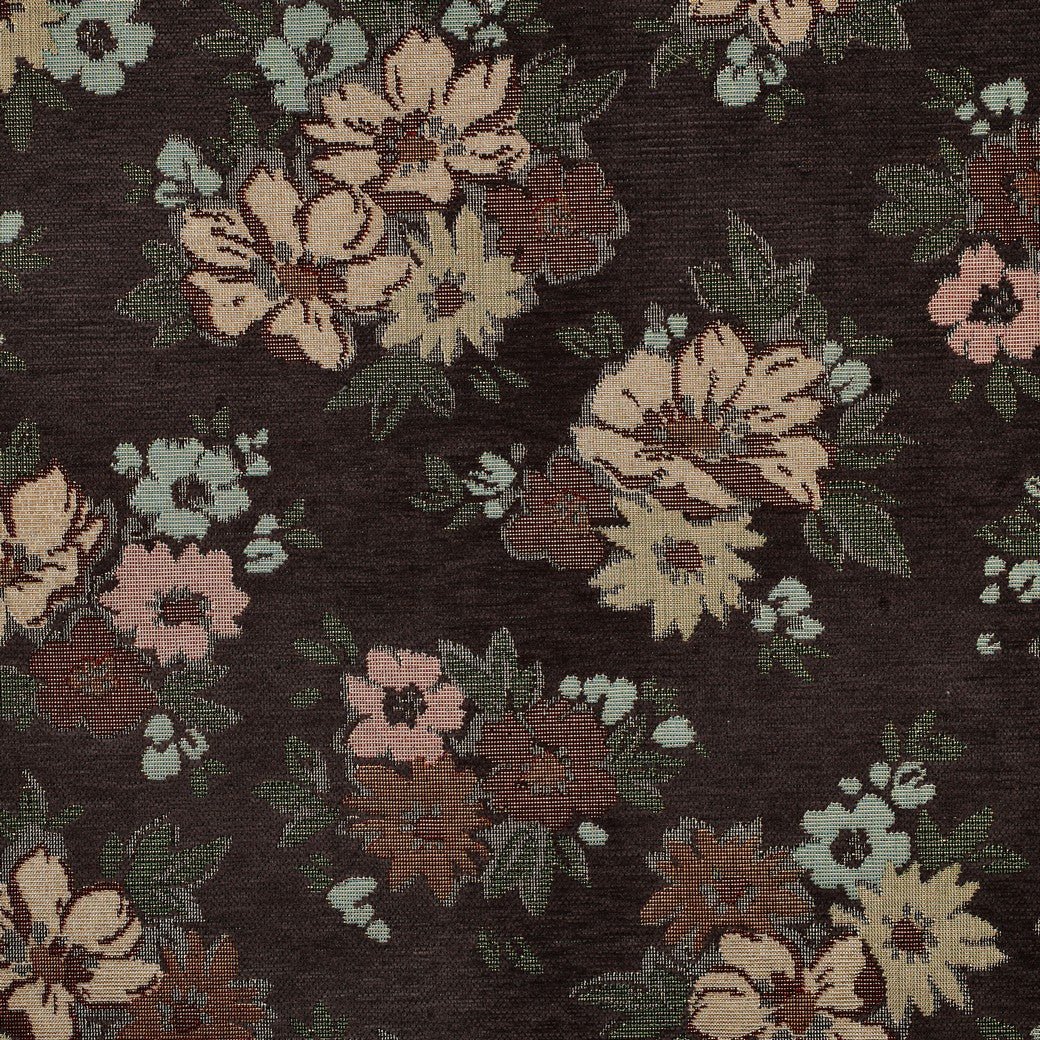 Bild mit Gobelin-Blumen mit goldenen Akzenten auf braunem Hintergrund – online erhältlich bei Šarlotes audumi