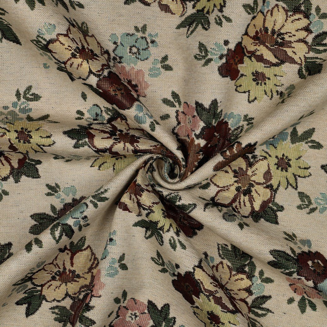 Attēls ar Gobelēns - puķes ar zelta akcentiem uz gaiša fona 420 g/m² – pieejams Šarlotes audumi