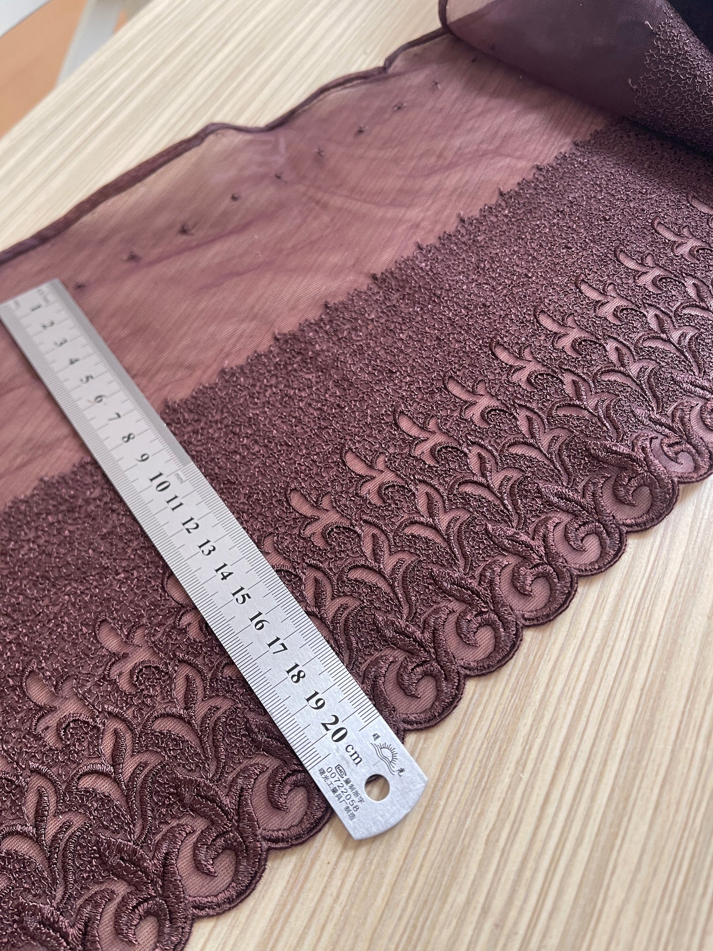 Embroidered lace, 25 cm - brownish burgundy – available at Charlotte's Fabrics