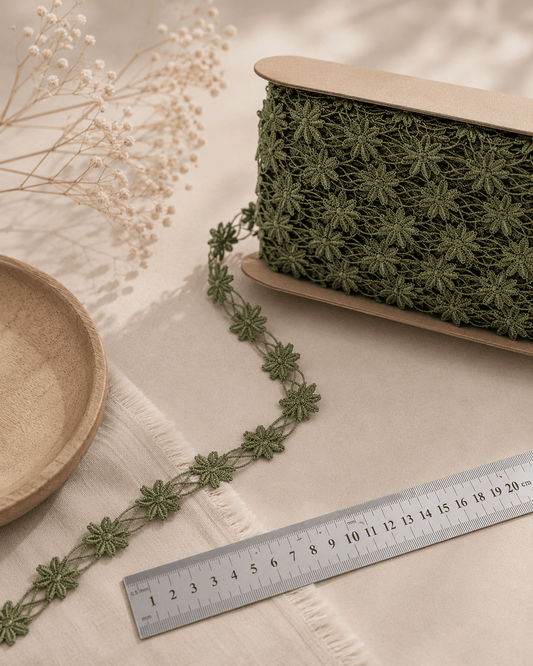 Image avec ruban de dentelle brodée 1,2 cm - feuilles vertes – disponible chez Šarlotes audumi