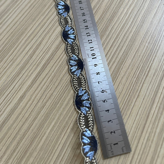 Image d’un ruban de dentelle brodée de 2 cm, bleu foncé avec accents beiges, disponible chez Šarlotes audumi