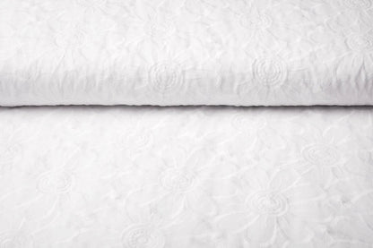 Embroidered cotton fabric - large white flowers 110 g/m²
