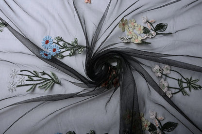 Image of embroidered tulle with flowers 100 - 150 g/m² – available at Šarlotes audumi