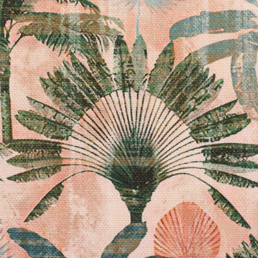 Image of canvas fabric with a palm leaf pattern in green and apricot tones, 210 g/m² – available at Šarlotes audumi