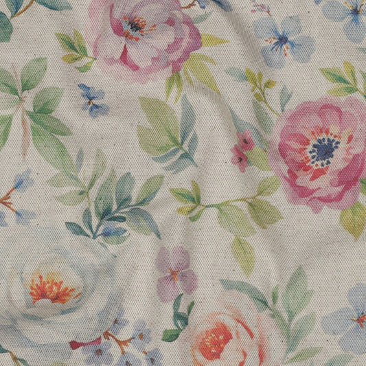 Image of canvas fabric - flowers on a linen-colored background 220 g/m² – available at Šarlotes audumi