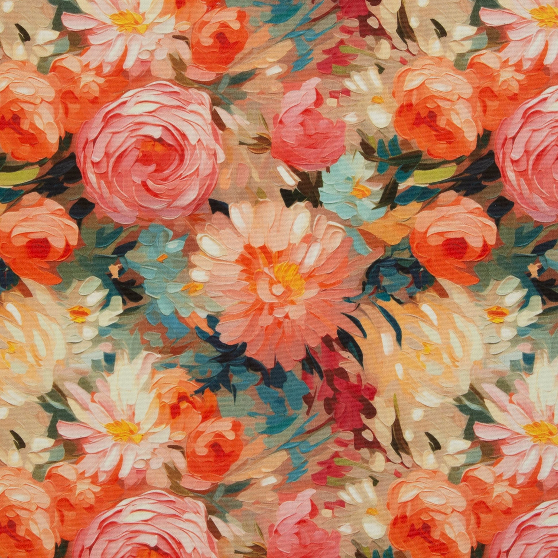 Bild mit Leinwand-Stoff, Blumenmotiv in Rosa- und Koralltönen, 250 g/m² – erhältlich bei Šarlotes audumi