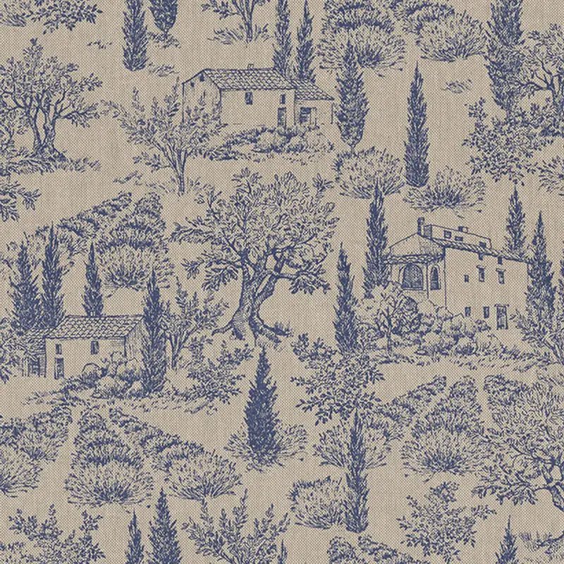 Image du tissu canvas - paysage provençal bleu sur fond lin 200 g/m² – disponible chez Šarlotes audumi