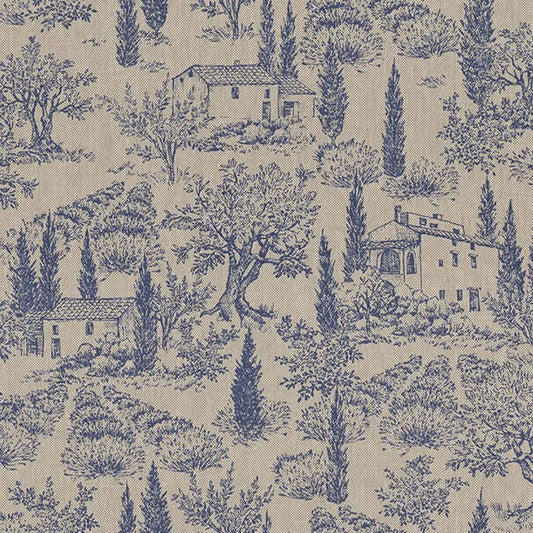 Image with canvas fabric - blue Provençal landscape on a linen-toned background 200 g/m² – available at Charlotte Fabrics