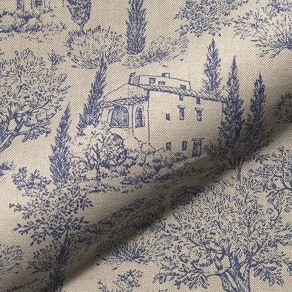 Image avec tissu canvas - paysage provençal bleu sur fond ton lin 200 g/m² – disponible chez les tissus de Charlotte