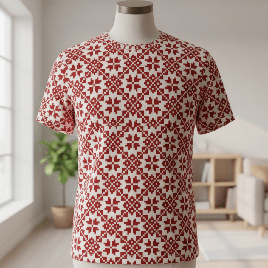 Attēls ar Kokvilnas cilpiņtrikotāža - auseklīšu raksts uz karmīnsarkana fona 250 g/m² – pieejams Šarlotes audumi