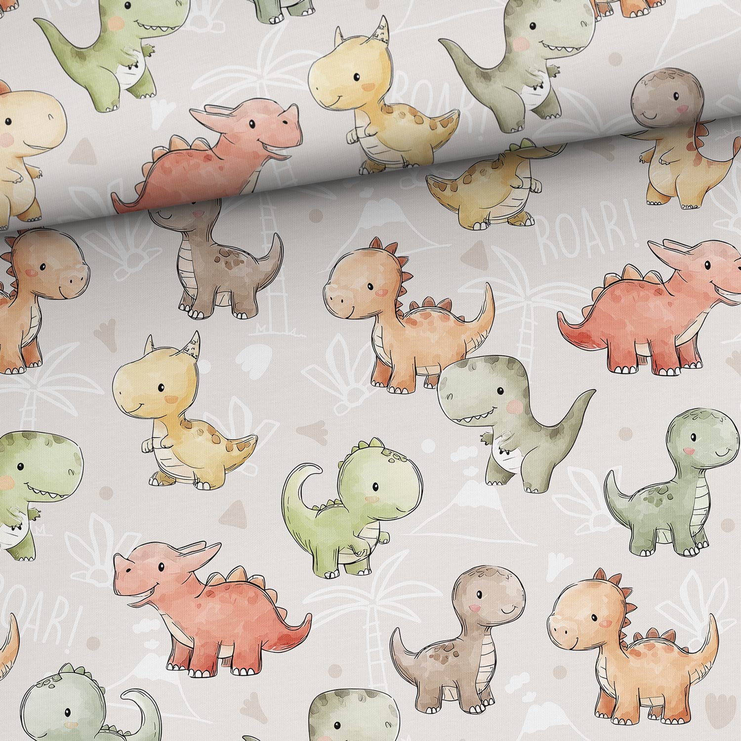 Image du jersey bouclé en coton - petits dinosaures sympathiques 250 g/m² – disponible chez Šarlotes audumi