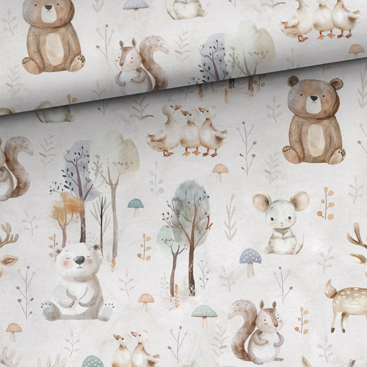 Attēls ar Kokvilnas cilpiņtrikotāža - dzīvnieki pelecīgos toņos 250 g/m² – pieejams Šarlotes audumi