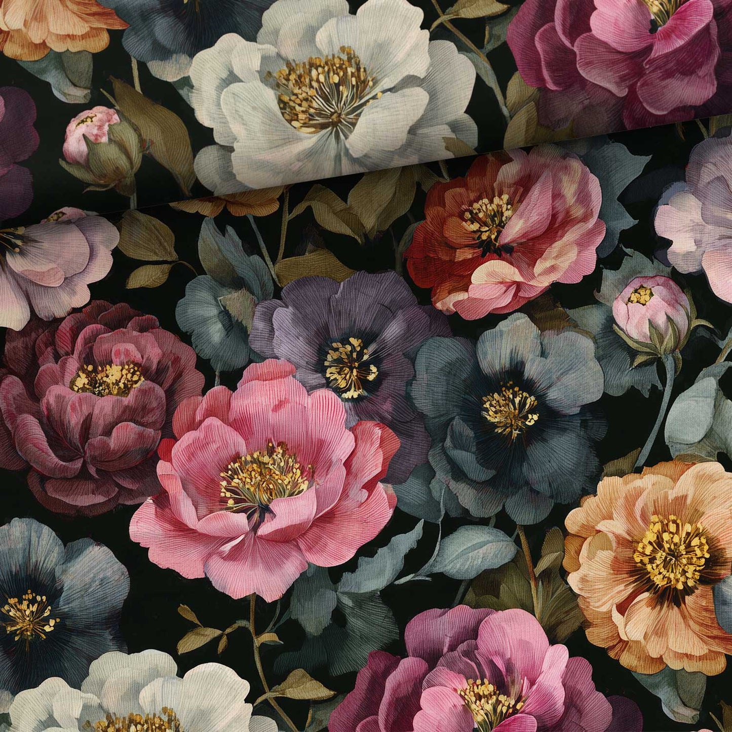 Image en jersey bouclette en coton, fleurs somptueuses sur fond noir – disponible en ligne chez Šarlotes audumi