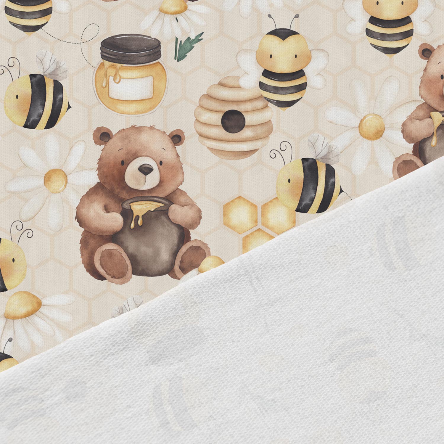 Image de jersey bouclette en coton - oursons et petites abeilles, disponible en ligne chez Šarlotes audumi