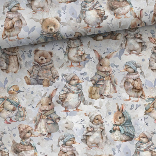 Attēls ar Kokvilnas cilpiņtrikotāža - lauku zvēriņi ziemā 250 g/m² – pieejams Šarlotes audumi