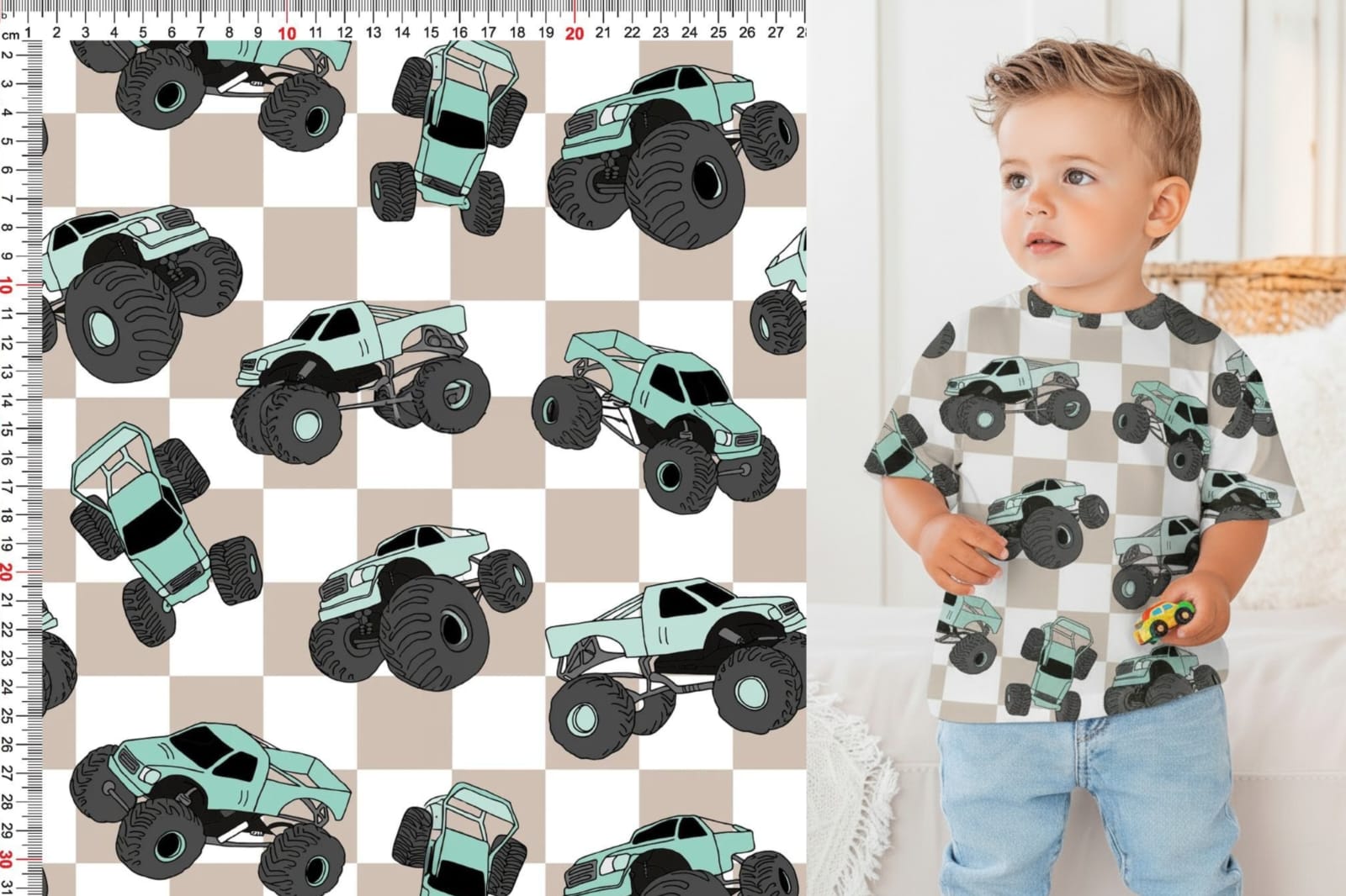 Image of cotton loopback knit - monster trucks 250 g/m² – available at Šarlotes audumi