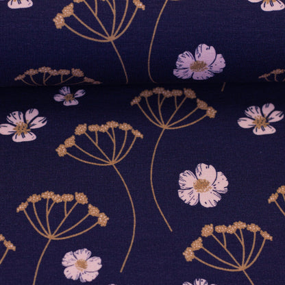 Jersey bouclette en coton - achillées et fleur rose 265 g/m²