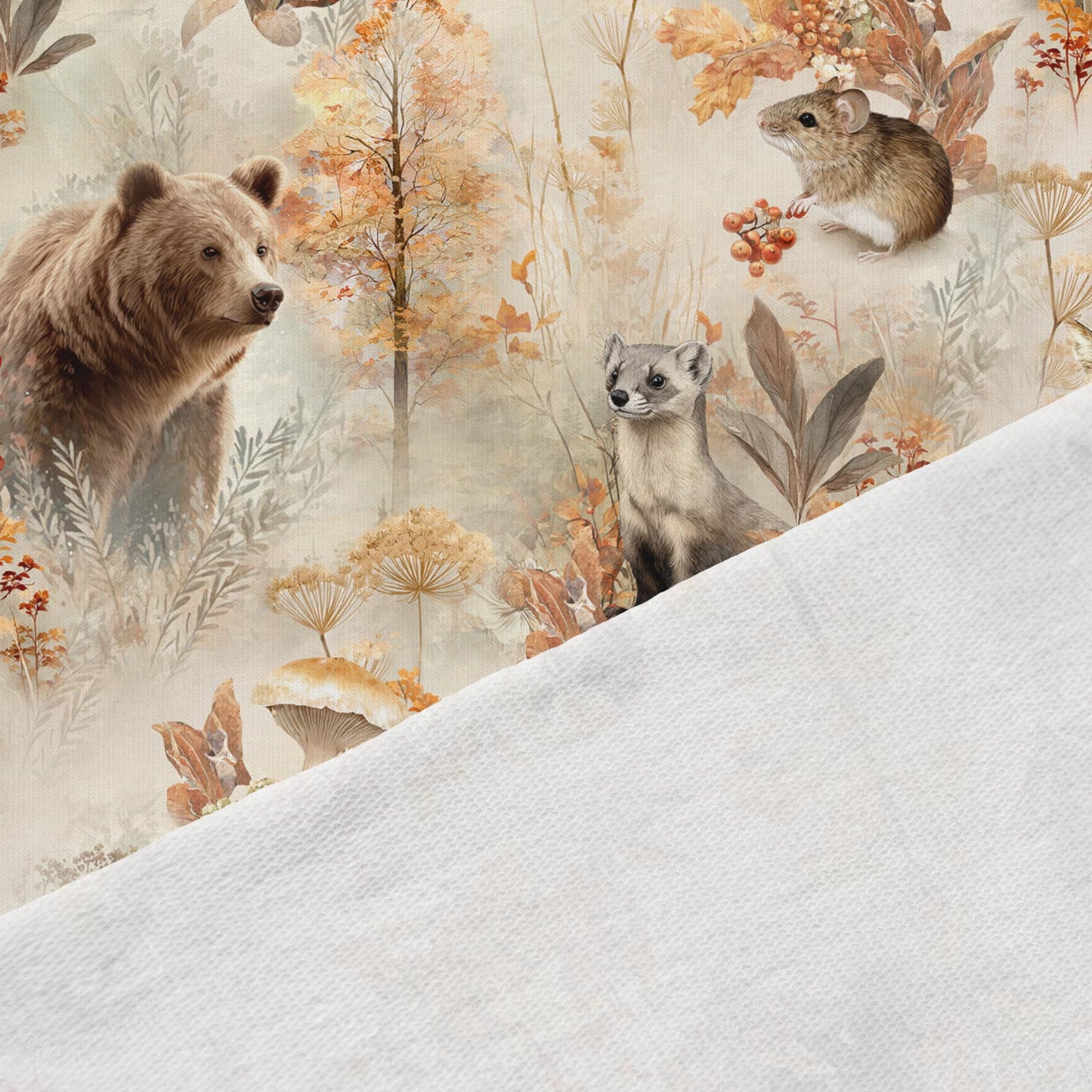 Image de jersey bouclé en coton – magie de la forêt d’automne, disponible en ligne chez Šarlotes audumi