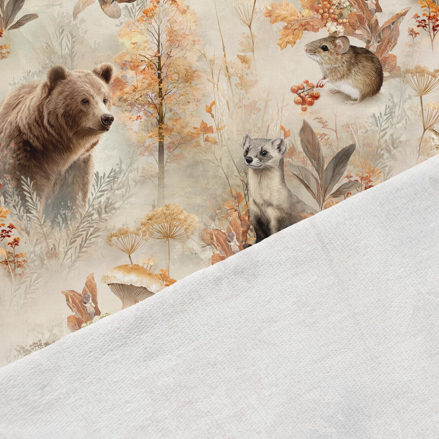 Image de jersey bouclé en coton – magie de la forêt d’automne, disponible en ligne chez Šarlotes audumi