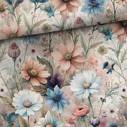 Image en jersey bouclette de coton - prairie florale printanière rêveuse 250 g/m² – disponible chez Les tissus de Charlotte