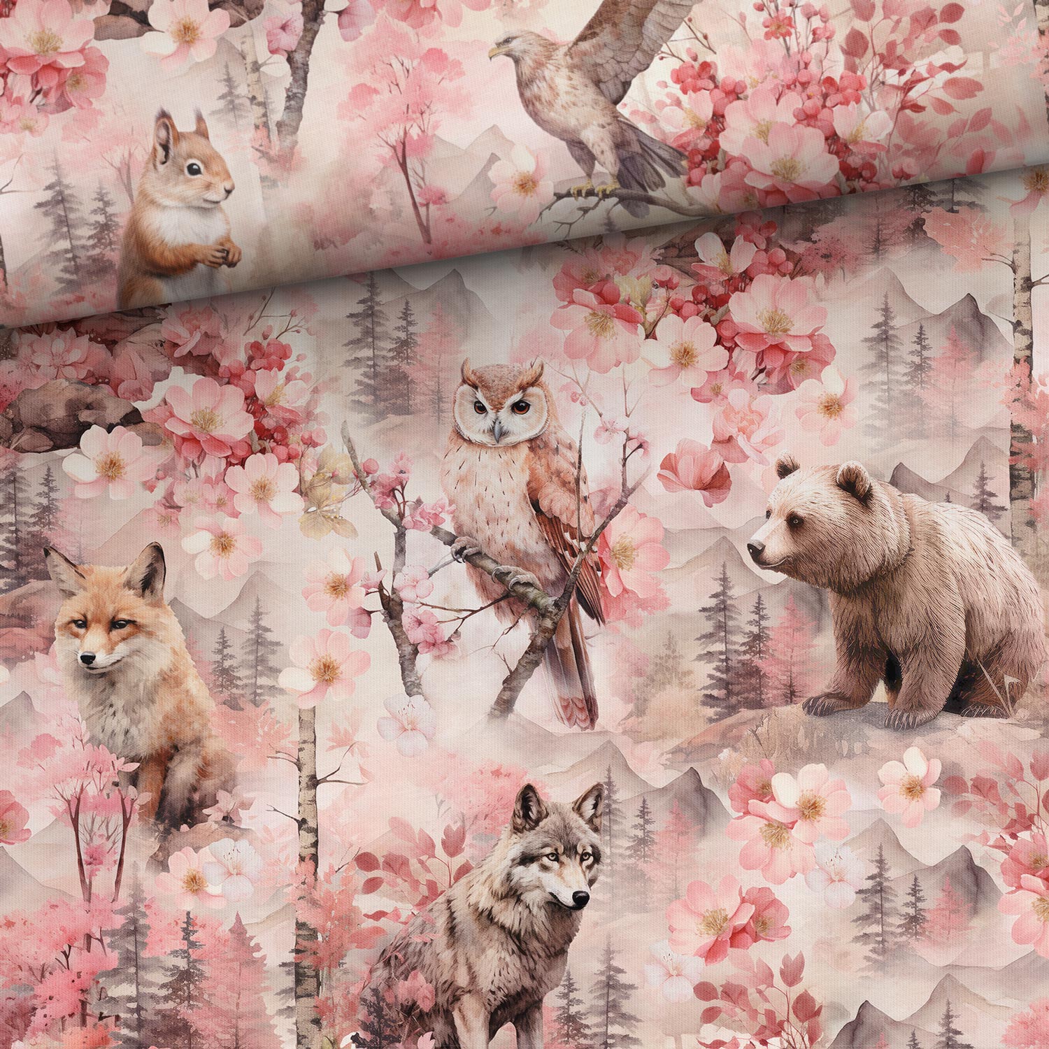 Image avec tissu bouclette en coton - conte de forêt rose 250 g/m² – disponible chez Šarlotes audumi