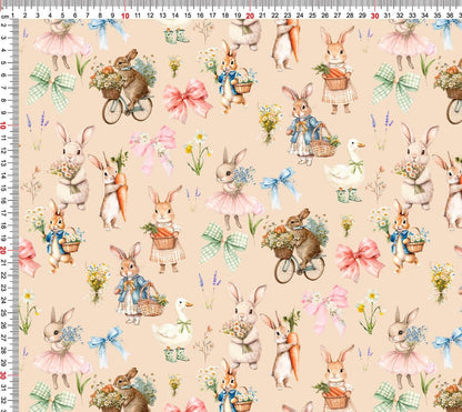 Image with cotton loopback knit - bunnies on a beige background 250 g/m² – available at Šarlotes audumi