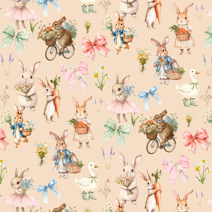Image of cotton loopback knit - bunnies on a beige background 250 g/m² – available at Šarlotes audumi