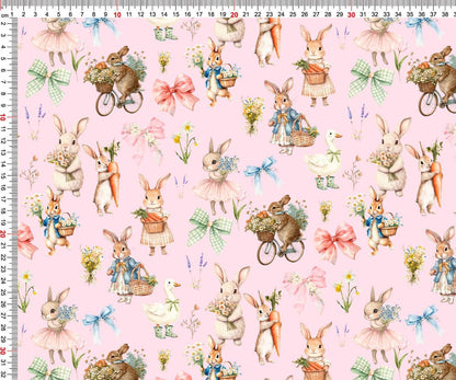 Image en maille bouclette en coton – petits lapins sur fond rose 250 g/m² – disponible chez Šarlotes audumi