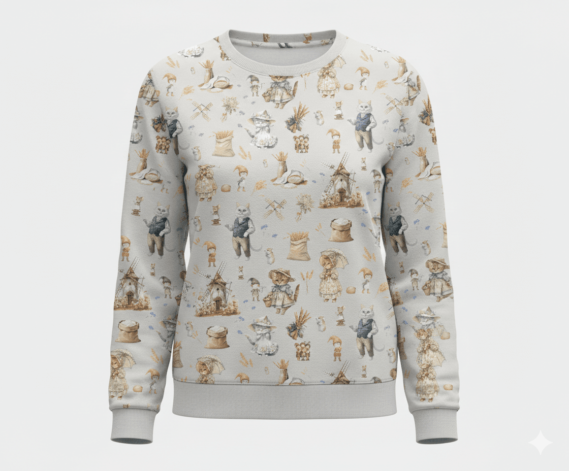 Attēls ar Kokvilnas cilpiņtrikotāža - Tur, kur griežas dzirnavas un murrā ķaķis 250 g/m² – pieejams Šarlotes audumi