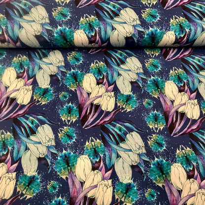 Maille bouclée en coton - motif tulipes bleues 250 g/m²