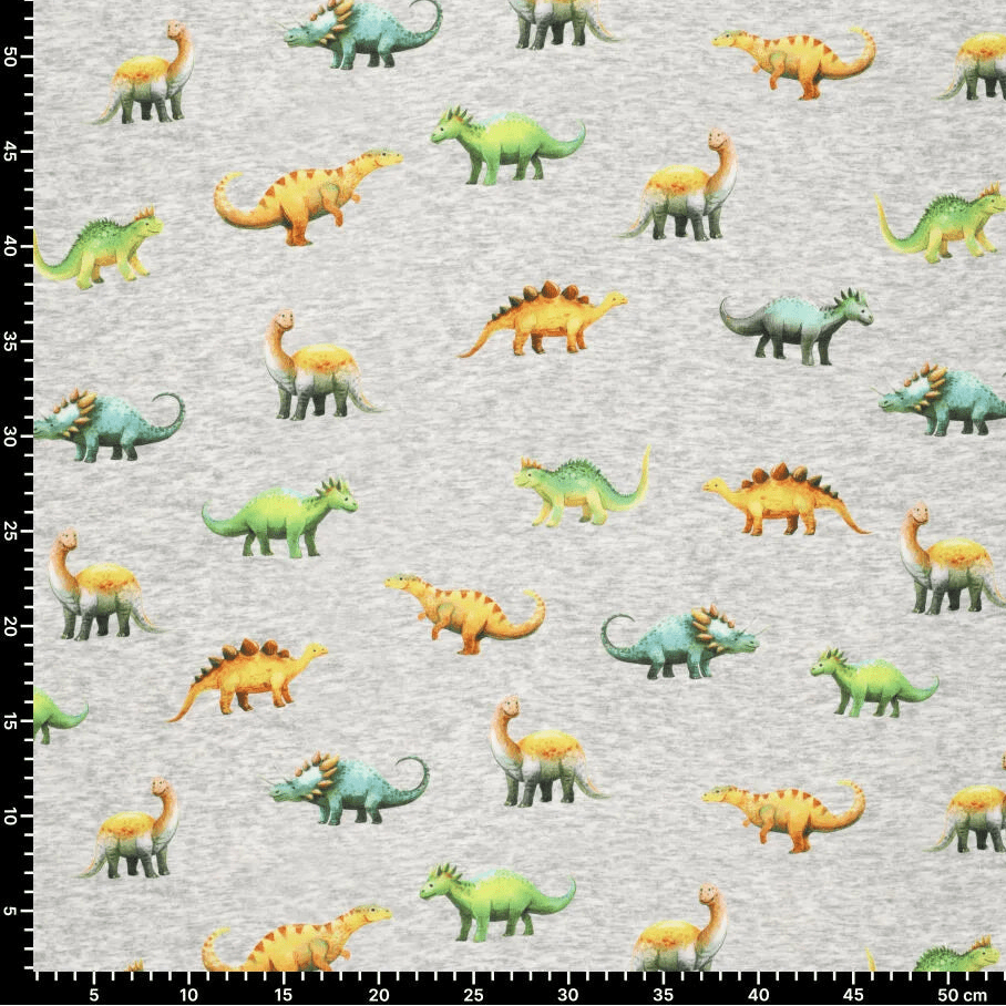 Bild mit Baumwoll-Sweatstoff | Alpen Fleece-Dinosaurier auf Grau – online erhältlich bei Šarlotes audumi