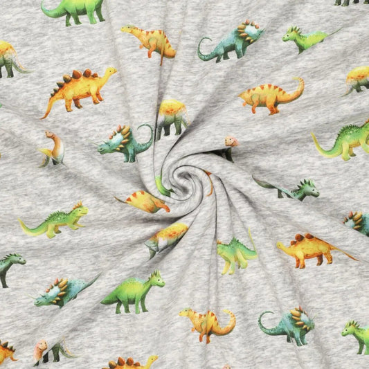 Bild mit Baumwoll-Sweatstoff | Alpen Fleece-Dinosaurier auf Grau – online erhältlich bei Šarlotes audumi
