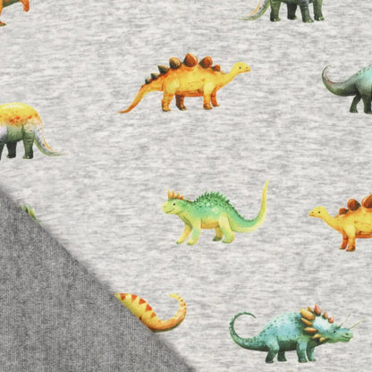 Bild mit Baumwoll-Sweatstoff | Alpen Fleece-Dinosaurier auf Grau – online erhältlich bei Šarlotes audumi