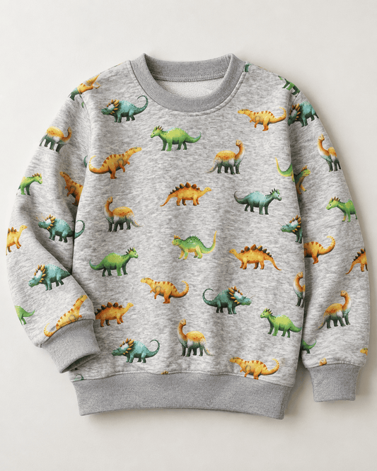 Bild mit Baumwoll-Sweatstoff | Alpen Fleece-Dinosaurier auf Grau – online erhältlich bei Šarlotes audumi