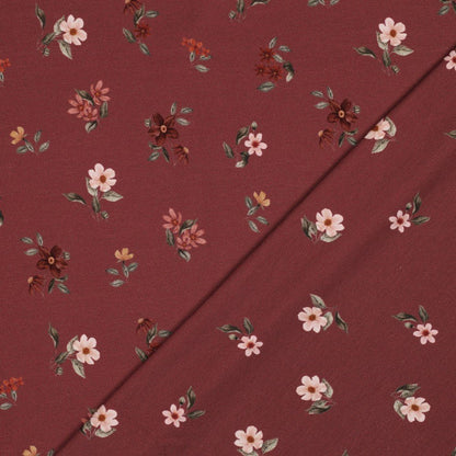 Jersey en coton - fleurs sur fond bordeaux 200 g/m²