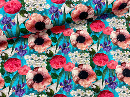 Jersey en coton - roses et iris 200 g/m²