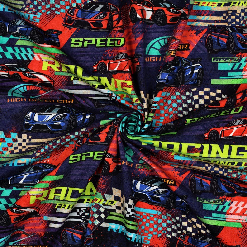 Attēls ar Kokvilnas trikotāža - sacīkšu auto 200 g/m² – pieejams Šarlotes audumi